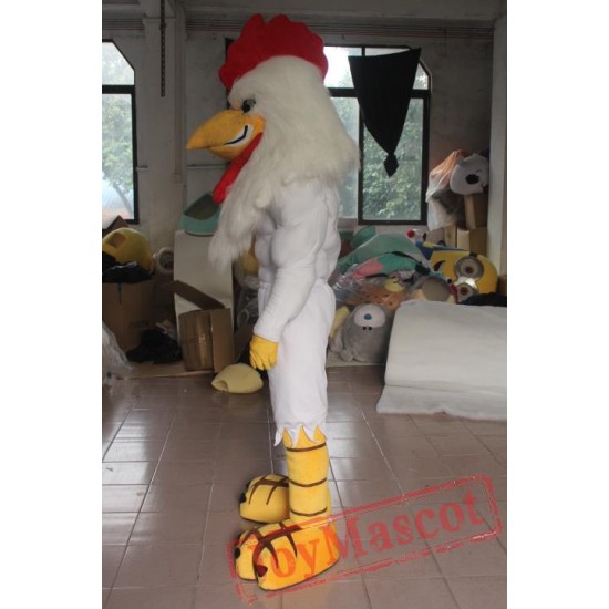 Adult White Rooster With Strong Muscle Mascot Costume