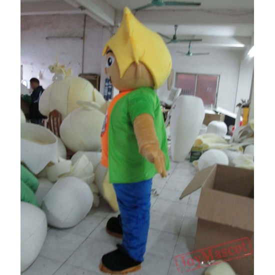 Grinning Boy With Yellow Hair Mascot Costume Boy Mascot For Adults
