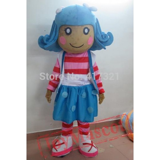 Girl With A Blue Curly Hair Mascot Costume Adult Girl Mascot