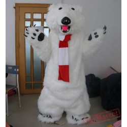 Furry Polar Bear Mascot Costume With Scarf For Adult