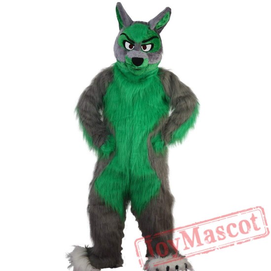 Long Hair Green Wolf Mascot Costume Adult
